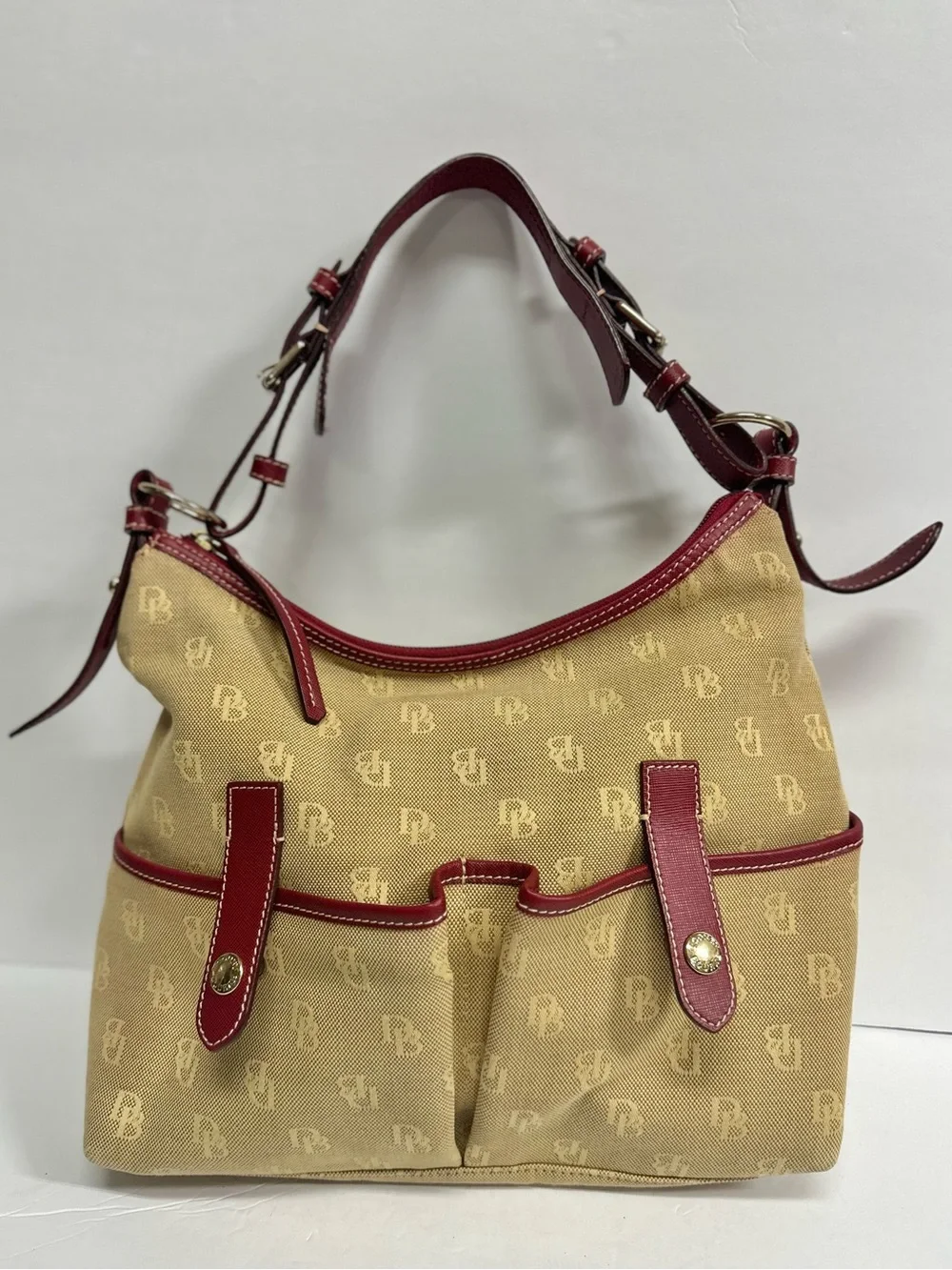 Dooney & Bourke DB Monogram Hobo Shoulder Bag Burgundy Leather Y2K